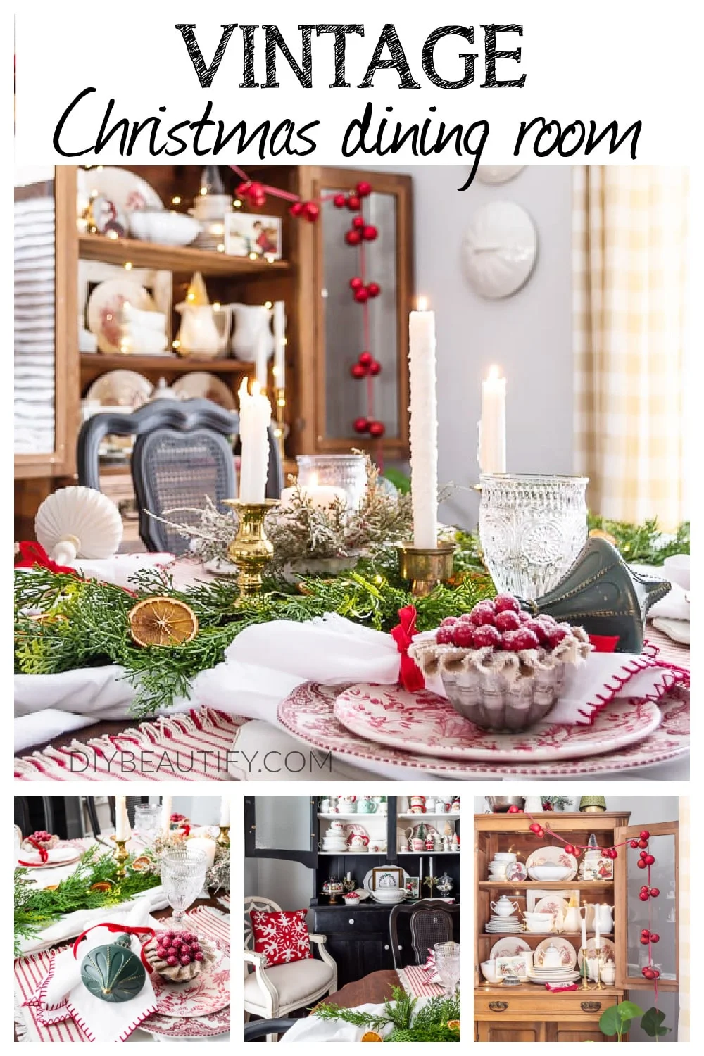 Christmas dining table decorated with vintage dishes, DIY ornaments, dried orange slices, cedar, brass candlesticks