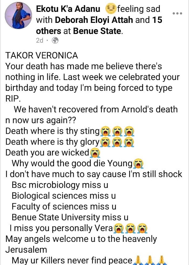 Upcoming Nollywood actress, Takor Veronica found dead in an hotel room in Benue state weeks after her birthday