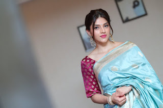 Mehreen Pirzada in Blue Saree with Cute and Lovely Smile 1