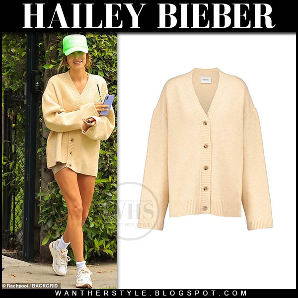 Hailey Bieber in beige cardigan and sneakers