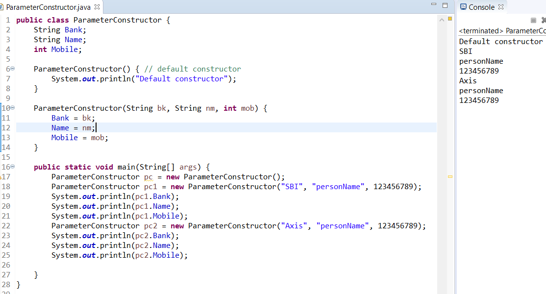 Parameterized constructor in java