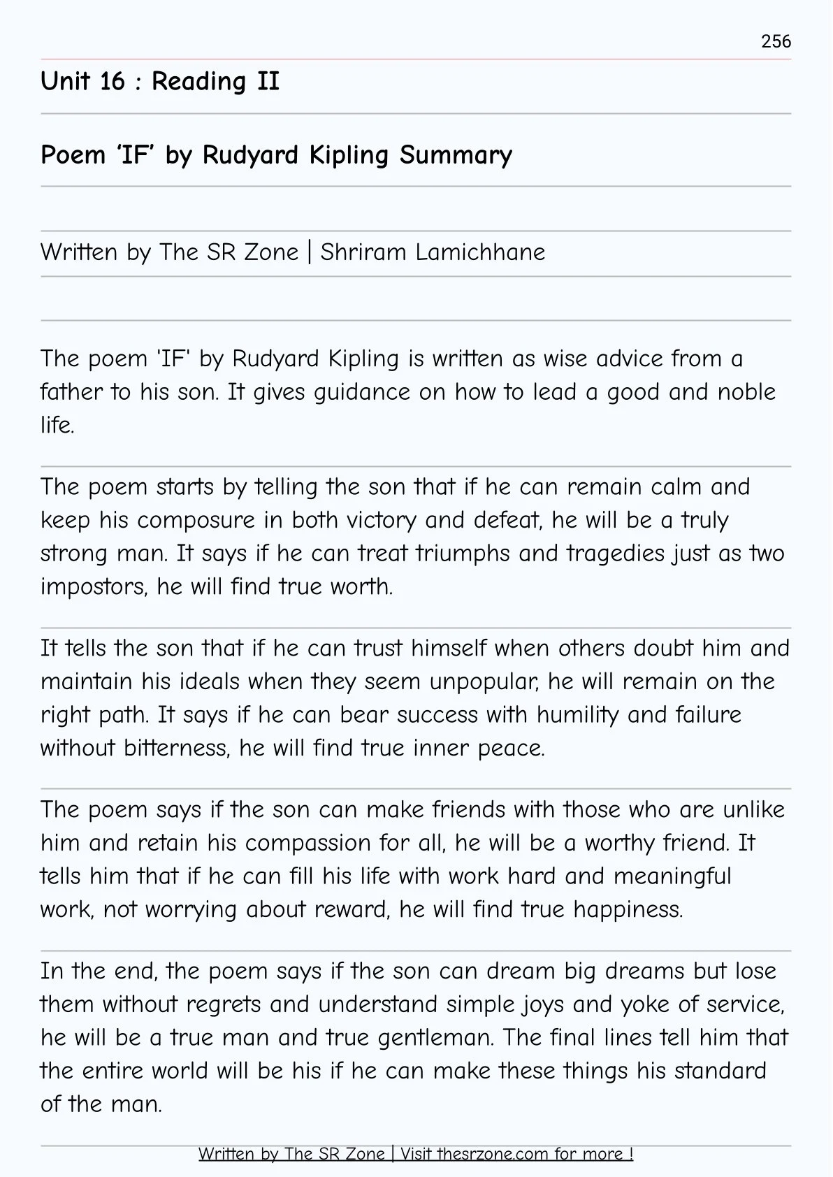 Class 10 English Guide Notes The SR Zone