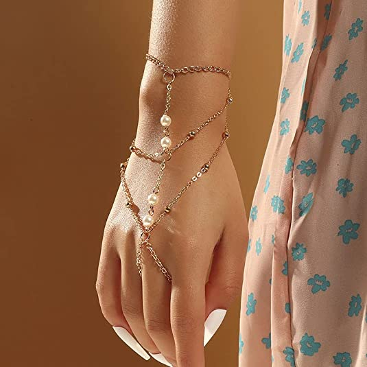 Boho Multi-Layer Connected Pearl Finger Bracelets Women Gold Chain Bracelet With Rings Hand Accessories Jewelry Lady Gifts