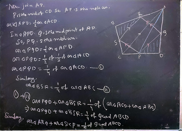 Prove that the area of a quadrilateral formed by joining midpoint of the adjacent sides of quadrilateral is half the area of given quadrilateral. Class 9 | Area Theorem