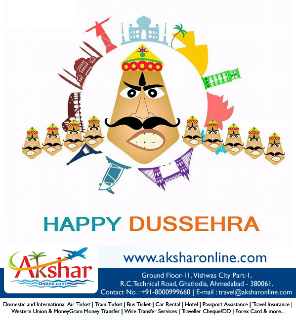 Wishing you a joyous Dussehra! May this festival of triumph inspire your wanderlust and lead you to conquer new horizons. As your trusted travel agent, we're here to help you script your own epic journey. Let the light of Dussehra guide your path, and may your travels be filled with adventure and prosperity. Happy Dussehra from aksharonline.com!