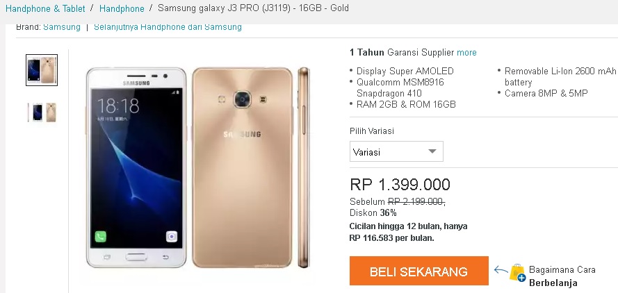 Samsung Galaxy J3 Pro dengan RAM 2 GB Harga Desember 2017 