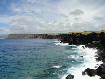 Blue sky's and thin clouds above 150 ft black cliffs.  The cliff tops are covered in green and yellow grass, and distance cliffs have functional wind mills spinning.  Below the cliffs blue/green waters turn to 10 ft frothy white waves as they hit the base of the black cliffs.