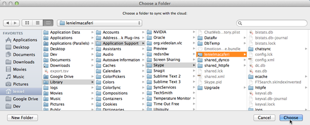 Figure 1 - Select Skype user folder (lenielmacaferi) to be backed up to the cloud