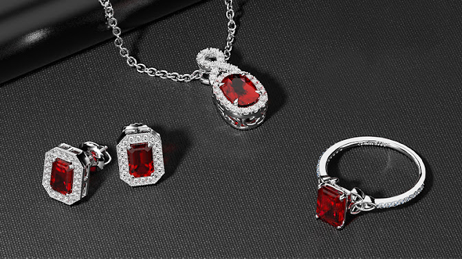 Different jewelry pieces of ruby