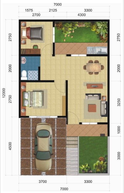 Denah rumah minimalis 3 kamar ukuran 5x12 