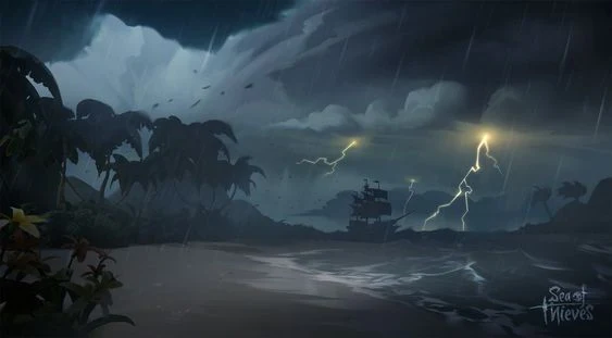 Foto de uma cena do game Sea Of Thieves exibindo uma tempestade vista de uma ilha