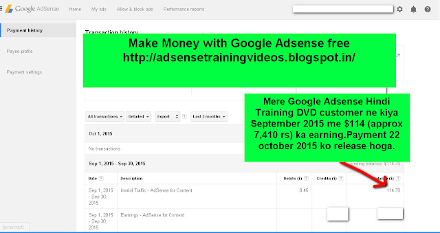 Mere Google Adsense Hindi Training cd/dvd customer ne kiya September 2015 ko 7,410 rs ka earning Google se-see screenshot