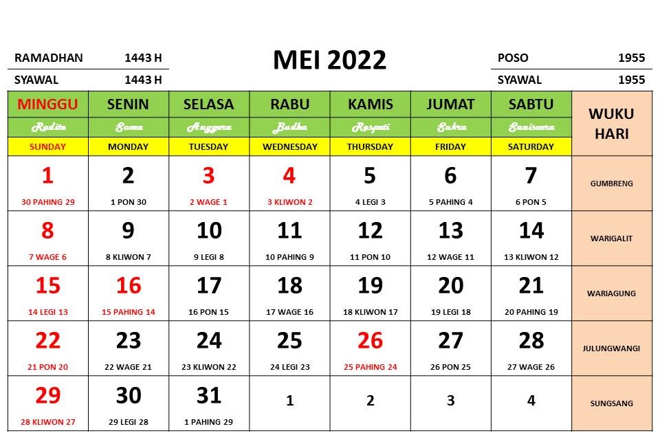 Kalender Bulan Mei 2022 dan Hari Peringatannya Enkosa
