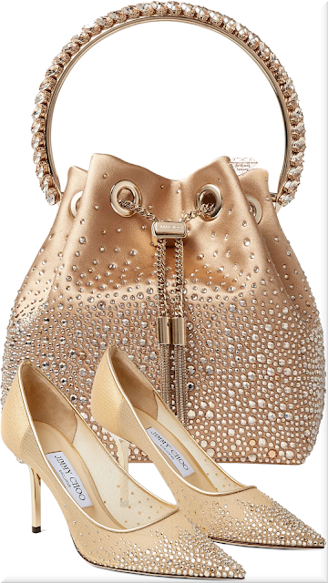 ♦Jimmy Choo champagne brown Love 85 mesh pointed-toe pumps with dégradé crystals & Bon Bon satin bag with dégrade crystals #jimmychoo #shoes #bags #brown #brilliantluxury