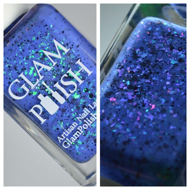 blue nail polish with color shifting flakies in a bottle