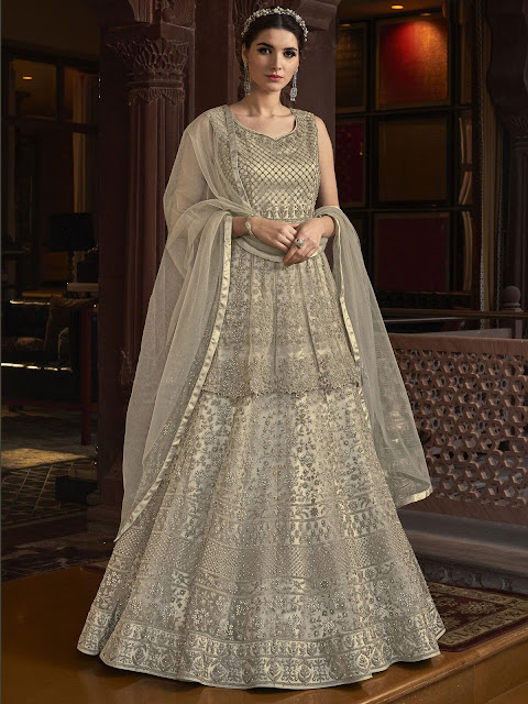 Beige Net Partywear Lehenga Style Suit