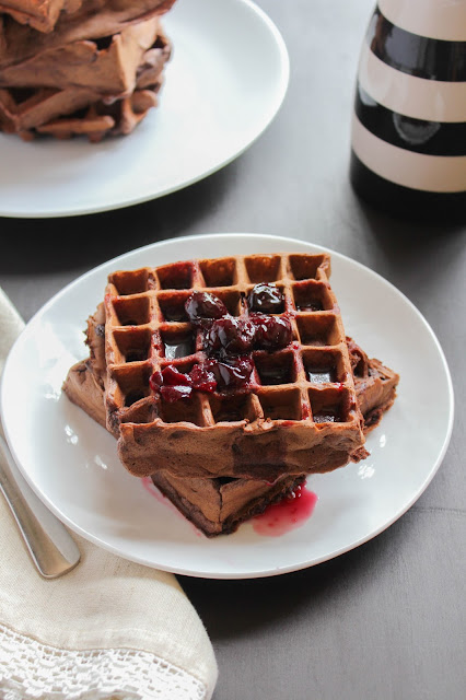 Dark Chocolate Waffles with Cherry Syrup | The Chef Next Door #SundaySupper