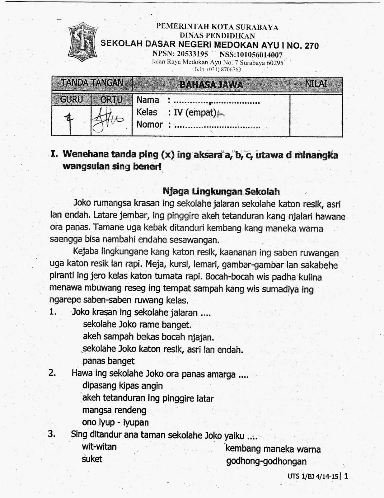 UTS 1 Ganjil Bahasa Jawa Kelas 4 SD TA 2014 2015 Kurikulum 2013