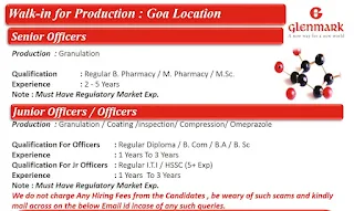 Glenmark Pharma Recruitment for Officers for Production Department in Goa Location | Walk-in Interview