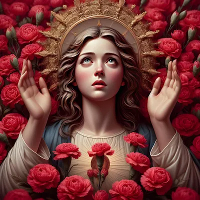 Imagenes de la Virgen María rodeada de claveles rojos