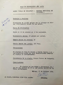 Plan de repoblación del año 1972 del Monte Pinar de Yunquera, firmado por Juan Rodríguez de Velasco Rodríguez y dirigido a José Pino Rivera.  Fuente: Archivo personal de José Pino Rivera.