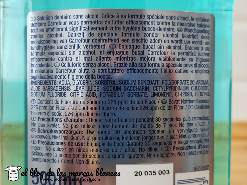 Ingredientes del Enjuague bucal sin alcohol (tipo Listerine Zero) CARREFOUR