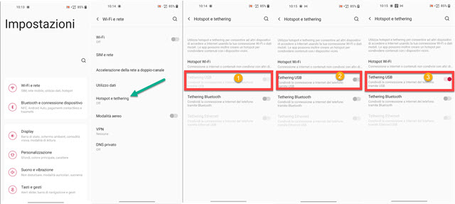 tethering usb attivazione