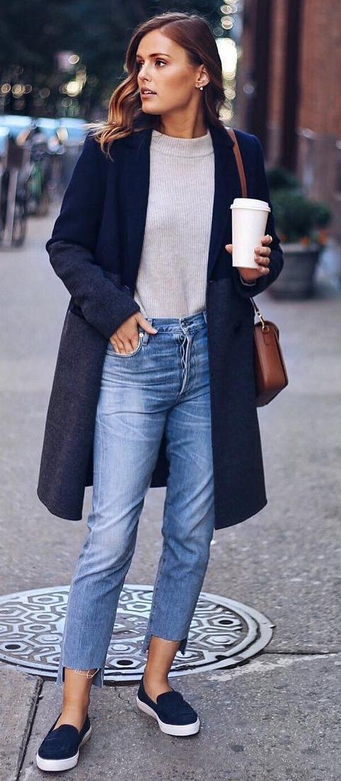 casual style perfection / slip-on + coat + jeans + sweater + brown bag