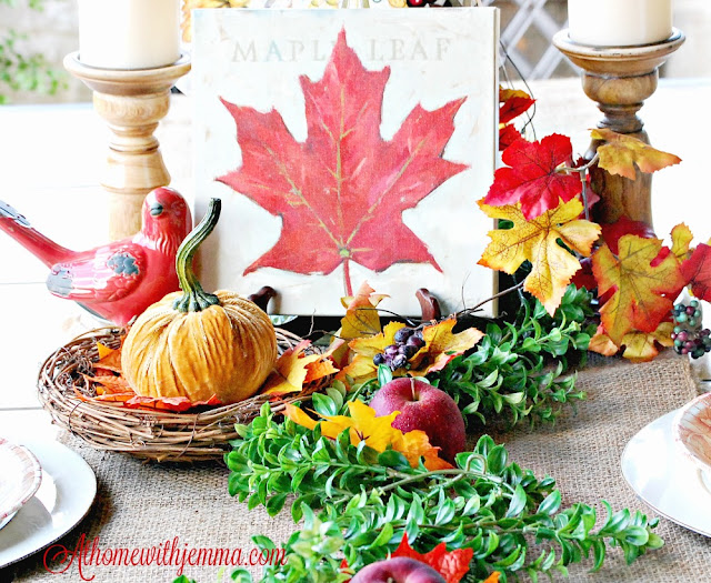 at home with jemma-bird nest-maple leaves-giveaway-tablescape-decorating-fall-tips on decorating