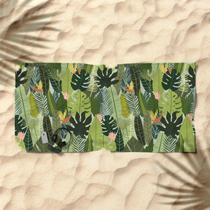 beach accessories, sun, sea, tropical jungle, flowers, leaves, pattern, palms, sand, green