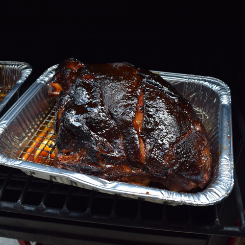 Pork butt after the final glaze on a Deep South Smokers GC36 gravity fed smoker