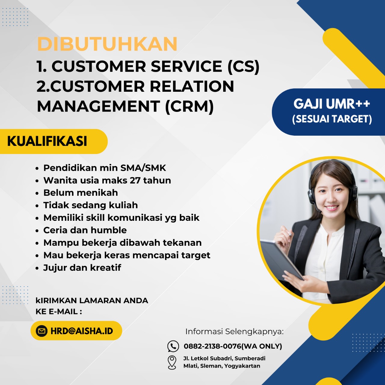 Loker Sleman Customer Service, CR Management di Aisha ID