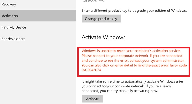  Windows 10 Activation Error 0xC004F074