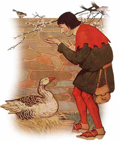 Illustration from Aesop's Fables depicting a peasant holding a golden egg while a goose looks on