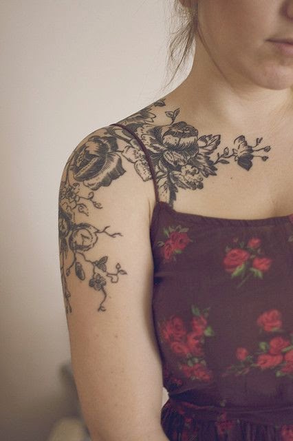 Women Shoulder With Black Flowers Tattoo, Tattoos Of Gorgeous Rose Flowers On Women Shoulder, Cute Girls Shoulder With Beautiful Flowers Tattoos, Women, Parts, Flower,