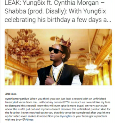 CYNTHIA MORGAN CALLS OUT RAPPER YUNG6IX OVER NEW SONG