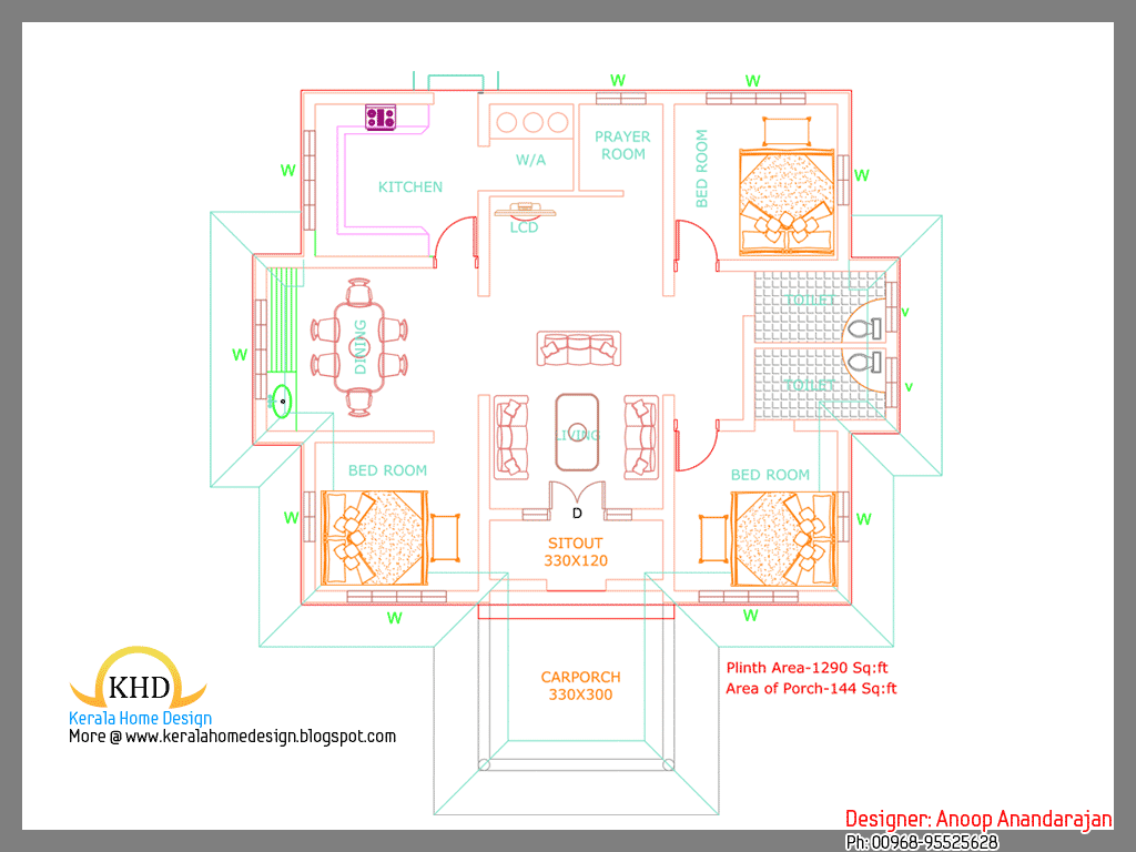 Single Floor House Plan and Elevation - 1290 Sq. ft | home appliance