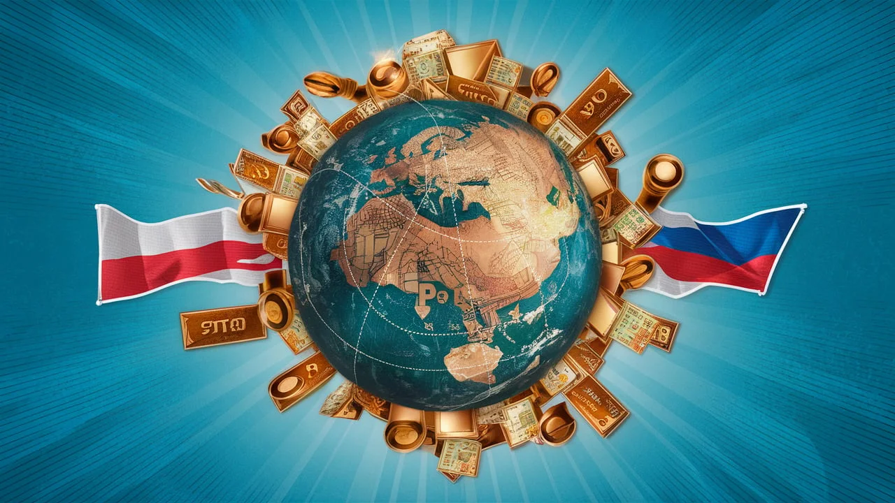 Uma imagem que ilustra o início da desdolarização global, destacando as ações de países como China e Rússia. No centro, mostre um globo terrestre com conexões comerciais que não utilizam o dólar americano, representado por símbolos de outras moedas como o rublo e o yuan, além de barras de ouro. Inclua ícones de commodities, como petróleo, sendo comercializados em rublos e ouro, com a bandeira da Rússia em destaque. Ao fundo, mostre uma representação do dólar americano em segundo plano, simbolizando a perda de sua hegemonia. Elementos visuais de acordos comerciais e mapas de rotas de exportação podem reforçar a ideia de uma mudança nas dinâmicas econômicas globais.