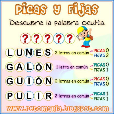 Picas y Fijas, Descubre la Palabra, La palabra oculta, Encuentra la palabra, Retos matemáticos, Desafíos matemáticos, Problemas matemáticos,