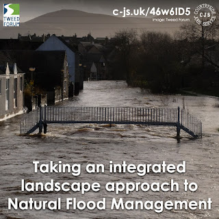 a flooded river rushing down a street, water level just under an above road walkway. Text reads: Taking an integrated landscape approach to natural flood management