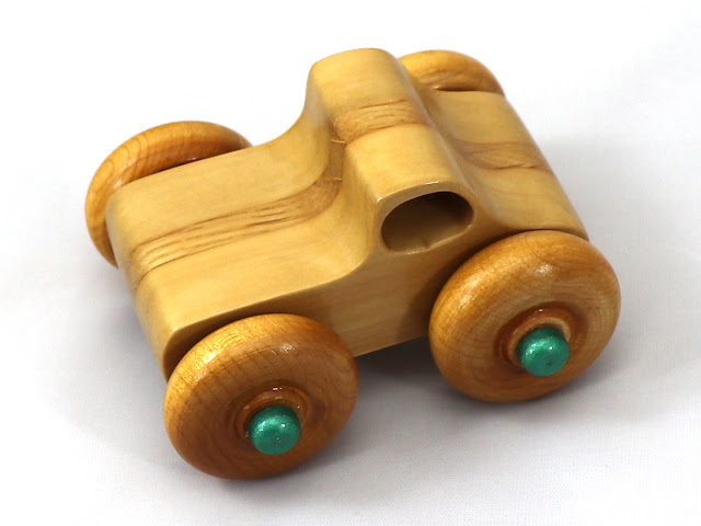Handmade Wood Toy Play Pal Monster Truck Laminated Oak and Poplar Amber Shellac Metallic Green Hubs