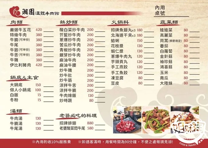 湘園溫體牛菜單