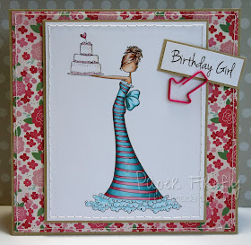 Floral card featuring girl with cake (image by Stamping Bella)