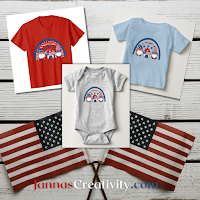 Americana style image with three childrens tops each with the same red, white and blue rainbow with three gnomes undreneath in the same coloration.