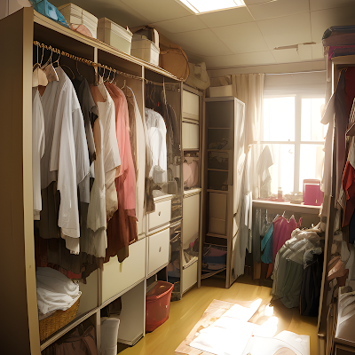 a cabinet with many clothes, messy