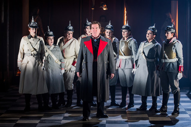 Grange Park Opera - Wagner: Die Walkure - Wotan & the Valkyries: Thomas Hall, Mari Wyn-Williams, Beeca Marriot, Tanya Hurst, Gemma Morsley, Morag Boyle, Anne-Marie Owens, Lauren Easton (credit: Robert Workman)