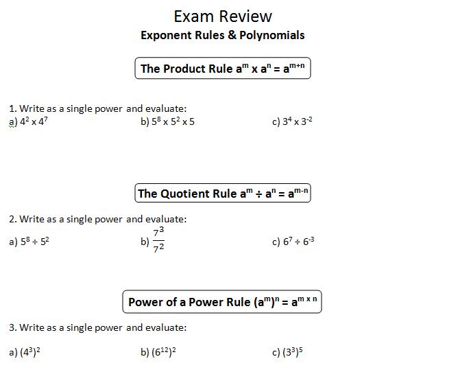 ins'Pi're math: MPM1D Exam Review 1: Exponent Rules, Polynomials