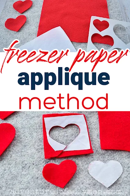 collage of images depicting how to cut out applique using freezer paper with text overlay