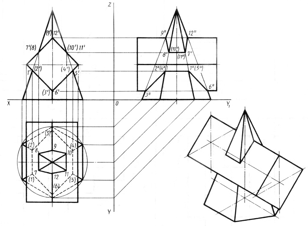 Инженерная Графика пересечение поверхностей многогранников. Начертательная геометрия проекция пирамиды. Пересечение поверхностей пирамиды и Призмы. Начертательная геометрия Призма.