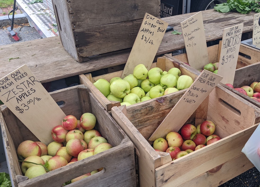 Assorted apples in wooden crates at farmers market